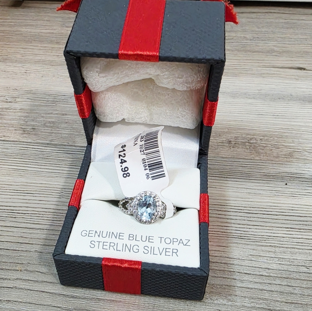 Genuine Blue Topaz Lab Created White Sapphire Sterling Silver Ring Size 7